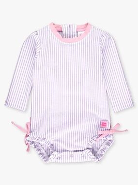 RuffleButts lavender seersucker long-sleeve one-piece rash guard swimsuit 3-6 mo